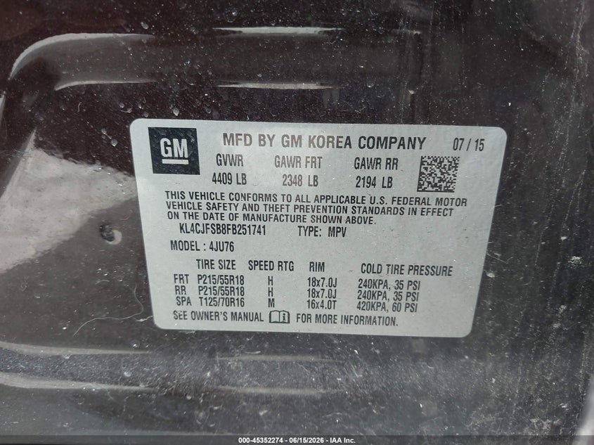 2015 Buick Encore VIN KL4CJFSB8FB251741 IAAI salvage auction — REAR END, Salvage (Rhode Island), sold $25 on 2026-07-28 (photo 9)