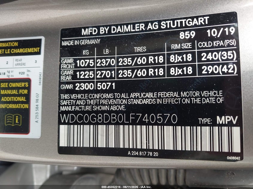 2020 Mercedes-benz Glc VIN WDC0G8DB0LF740570 IAAI salvage auction — FRONT END, Rebuildable (Florida), sold $5,950 on 2026-07-30 (photo 9)