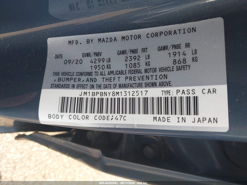 2021 Mazda 3 VIN JM1BPBNY8M1312517 IAAI salvage auction — LEFT & RIGHT, Salvage (Ohio), sold $1,850 on 2026-07-28 (photo 9)