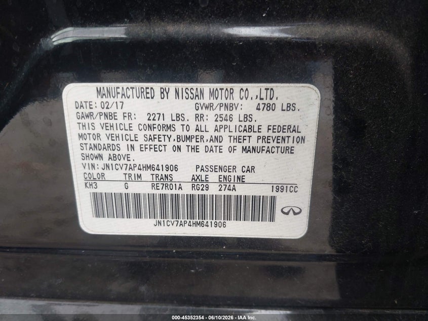 2017 Infiniti Q50 VIN JN1CV7AP4HM641906 IAAI salvage auction — NORMAL WEAR, Original (Texas), sold $1,550 on 2026-07-22 (photo 9)