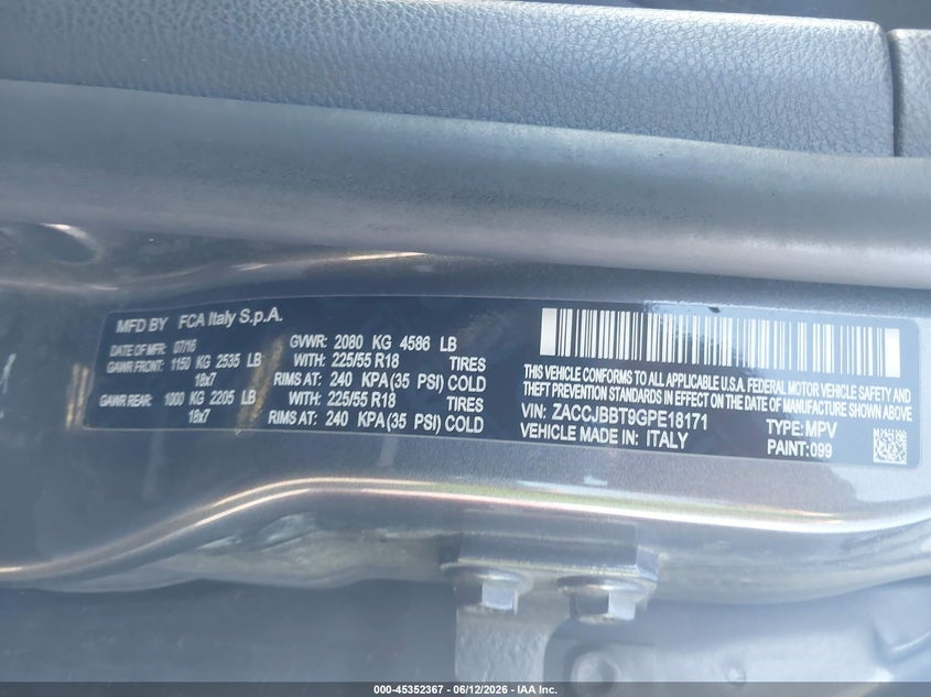 2016 Jeep Renegade VIN ZACCJBBT9GPE18171 IAAI salvage auction — RIGHT FRONT, Salvage (Minnesota), sold $25 on 2026-07-29 (photo 9)