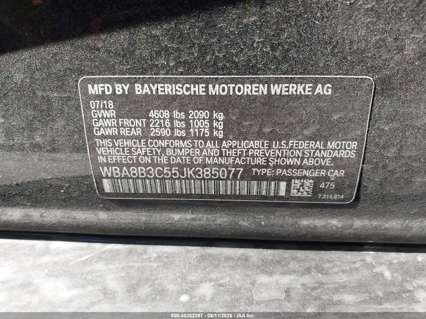 2018 BMW 3er VIN WBA8B3C55JK385077 IAAI salvage auction — FRONT END, Salvage Title, sold $7,850 on 2026-08-13 (photo 9)