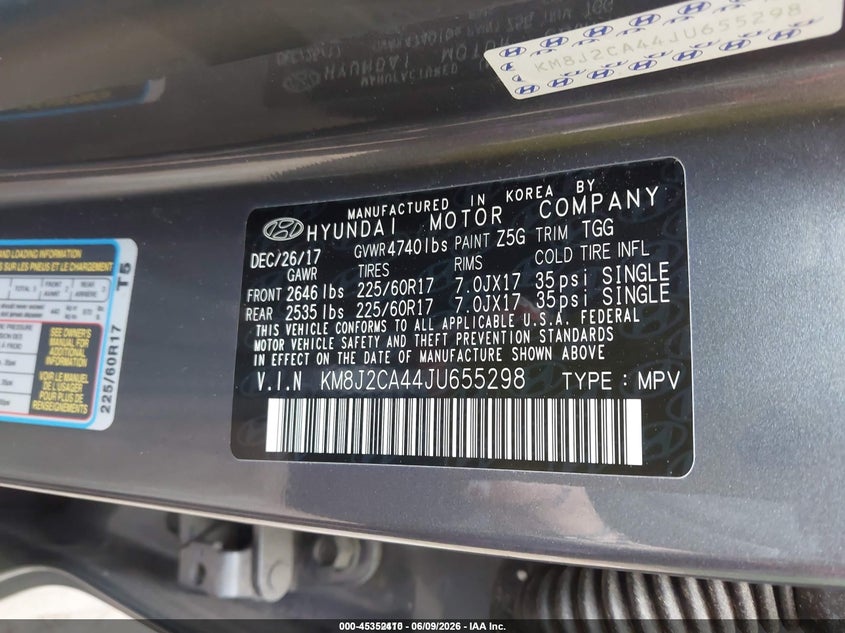 2018 Hyundai Tucson VIN KM8J2CA44JU655298 IAAI salvage auction — NORMAL WEAR, Sf97 (Virginia), sold $6,000 on 2026-07-22 (photo 9)
