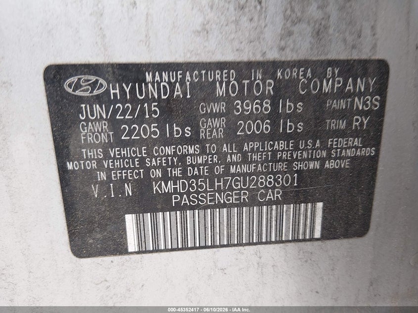 2016 Hyundai Elantra VIN KMHD35LH7GU288301 IAAI salvage auction — NORMAL WEAR, Salvage (Texas), sold $1,750 on 2026-07-10 (photo 9)