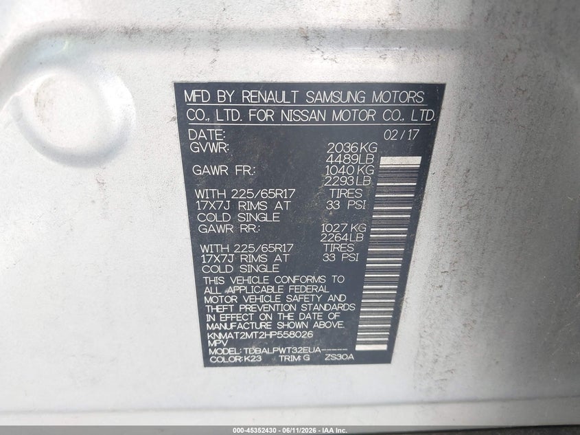2017 Nissan Rogue VIN KNMAT2MT2HP558026 IAAI salvage auction — FRONT END, Salvage (Texas), sold $800 on 2026-07-16 (photo 9)