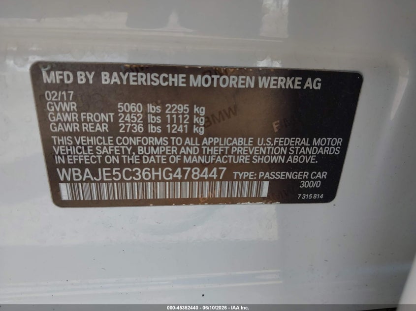 2017 BMW 5er VIN WBAJE5C36HG478447 IAAI salvage auction — FRONT END, Salvage Title, sold $7,200 on 2026-07-22 (photo 9)