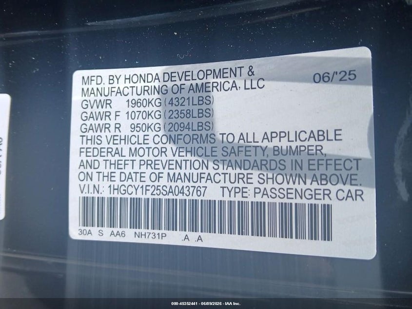 2025 Honda Accord VIN 1HGCY1F25SA043767 IAAI salvage auction — NORMAL WEAR, Salvage Title - Dealer (California), sold $18,000 on 2026-07-30 (photo 9)