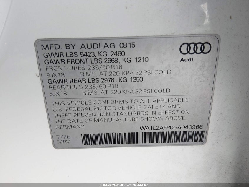 2016 Audi Q5 VIN WA1L2AFP0GA040966 IAAI salvage auction — UNDERCARRIAGE, Salvage (Mississippi), sold $3,250 on 2026-07-09 (photo 9)