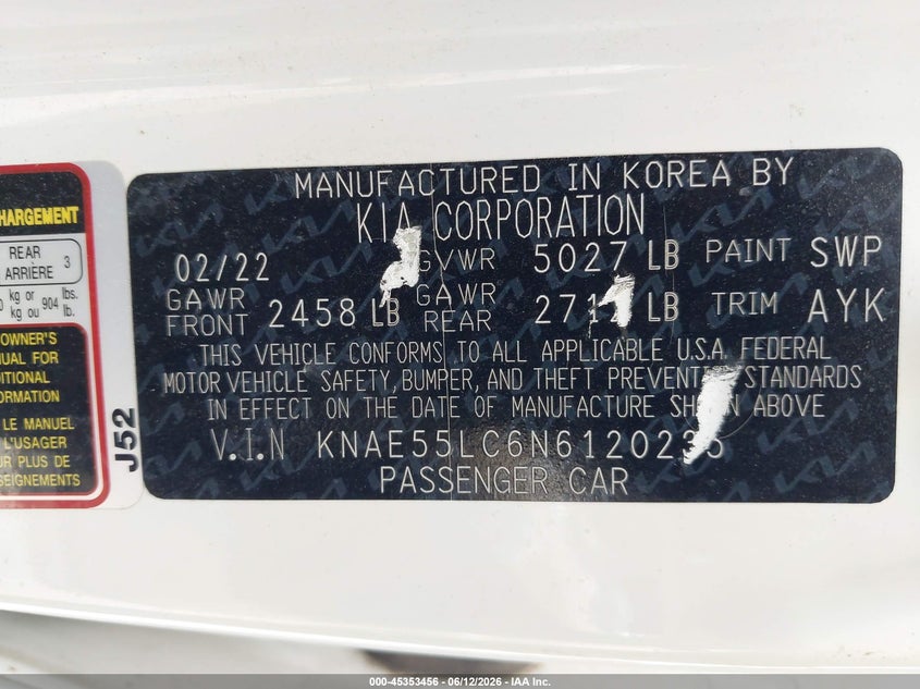 2022 Kia Stinger VIN KNAE55LC6N6120235 IAAI salvage auction — FRONT END, Salvage Title, sold $2,250 on 2026-07-30 (photo 9)