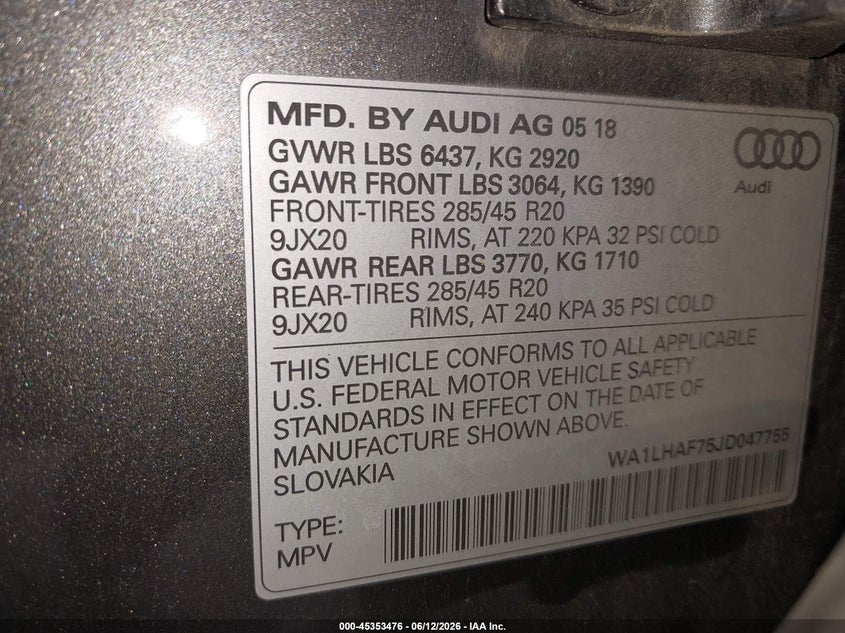 2018 Audi Q7 VIN WA1LHAF75JD047755 IAAI salvage auction — REAR END, Salvage (Alabama), sold $5,900 on 2026-07-22 (photo 9)