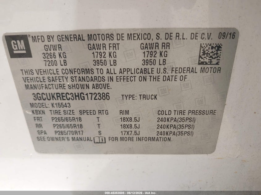 2017 Chevrolet Silverado VIN 3GCUKREC3HG172386 IAAI salvage auction — FRONT END, Salvage (Alabama), sold $4,000 on 2026-07-05 (photo 9)