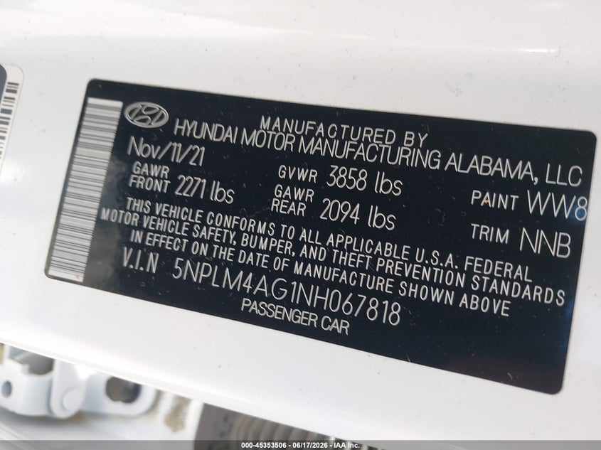 2022 Hyundai Elantra VIN 5NPLM4AG1NH067818 IAAI salvage auction — FRONT END, Salvage (North Carolina), sold $2,550 on 2026-07-17 (photo 9)