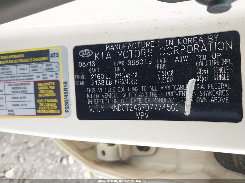2013 Kia Soul VIN KNDJT2A67D7774561 IAAI salvage auction — LEFT FRONT, Salvage (South Carolina), sold $700 on 2026-07-15 (photo 9)
