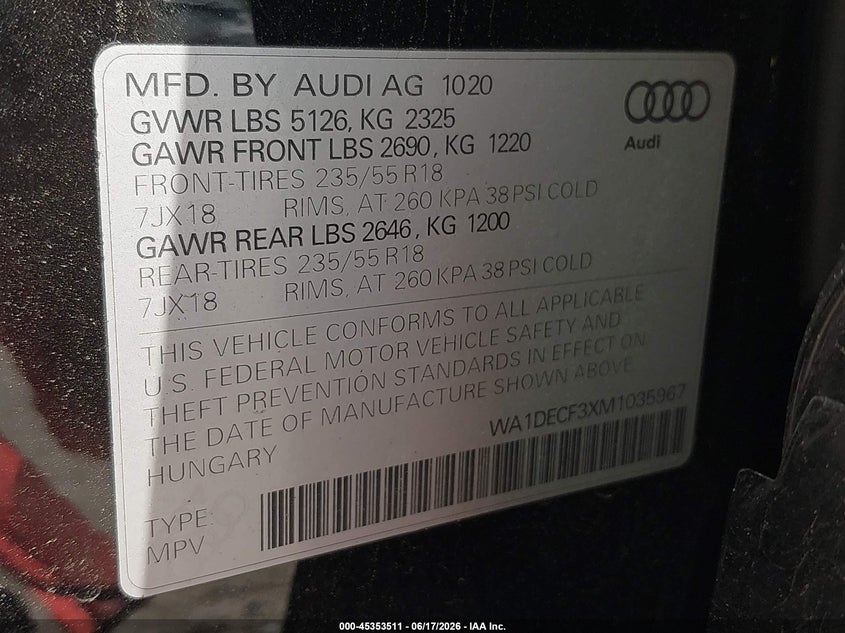 2021 Audi Q3 VIN WA1DECF3XM1035967 IAAI salvage auction — FRONT END, Salvage (Idaho), sold $3,750 on 2026-07-10 (photo 9)