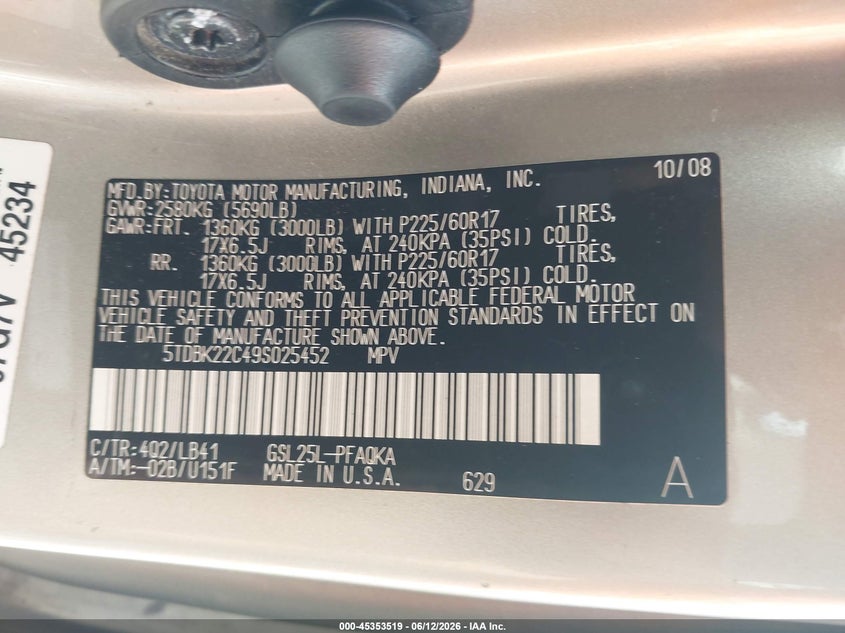 2009 Toyota Sienna VIN 5TDBK22C49S025452 IAAI salvage auction — REAR END, Original (Texas), sold $125 on 2026-07-22 (photo 9)