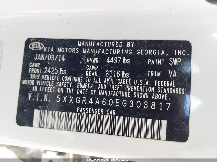 2014 Kia Optima VIN 5XXGR4A60EG303817 IAAI salvage auction — ENGINE BURN, Salvage (Georgia), sold $500 on 2026-07-08 (photo 9)
