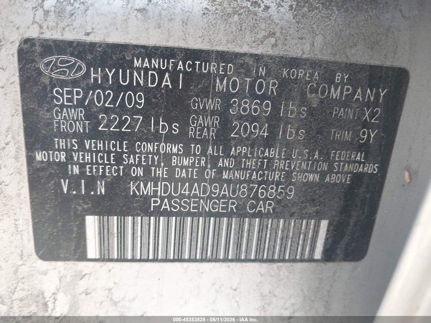 2010 Hyundai Elantra VIN KMHDU4AD9AU876859 IAAI salvage auction — NORMAL WEAR, Clear (Massachusetts), sold $525 on 2026-07-24 (photo 9)