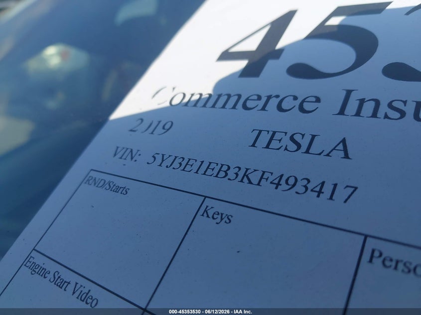2019 Tesla Model 3 VIN 5YJ3E1EB3KF493417 IAAI salvage auction — REAR END, Salvage (Massachusetts), sold $8,050 on 2026-07-17 (photo 9)