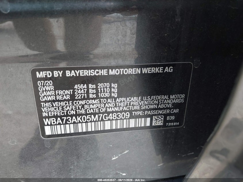 2021 BMW 2er VIN WBA73AK05M7G48309 IAAI salvage auction — RIGHT SIDE, Salvage (Texas), sold $3,950 on 2026-08-19 (photo 9)