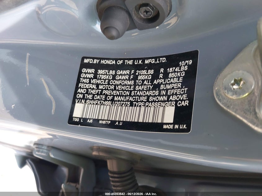 2020 Honda Civic VIN SHHFK7H66LU207275 IAAI salvage auction — FRONT END, Salvage Title, sold $1,850 on 2026-07-28 (photo 9)