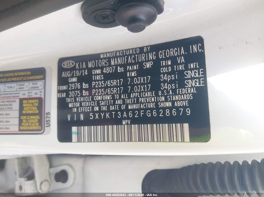 2015 Kia Sorento VIN 5XYKT3A62FG628679 IAAI salvage auction — REAR END, Rebuildable (Florida), sold $975 on 2026-07-07 (photo 9)