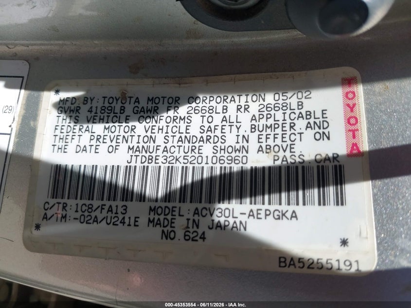 2002 Toyota Camry VIN JTDBE32K520106960 IAAI salvage auction — LEFT SIDE, Salvage (California), sold $475 on 2026-07-28 (photo 9)