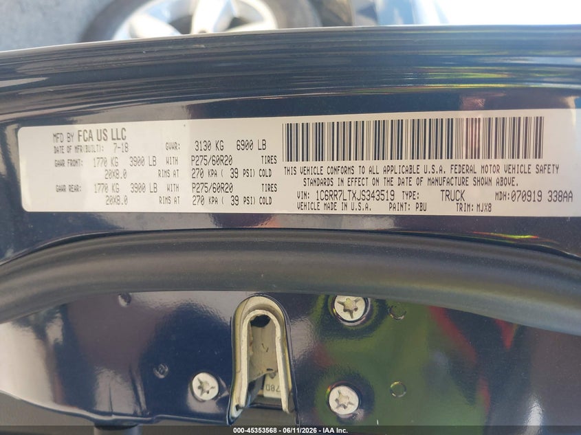 2018 Ram 1500 VIN 1C6RR7LTXJS343519 IAAI salvage auction — REAR END, Salvage Title, sold $1,650 on 2026-07-23 (photo 9)