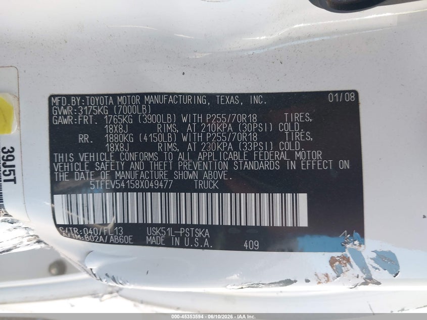 2008 Toyota Tundra VIN 5TFEV54158X049477 IAAI salvage auction — LEFT SIDE, Salvage (Texas), sold $2,850 on 2026-07-21 (photo 9)