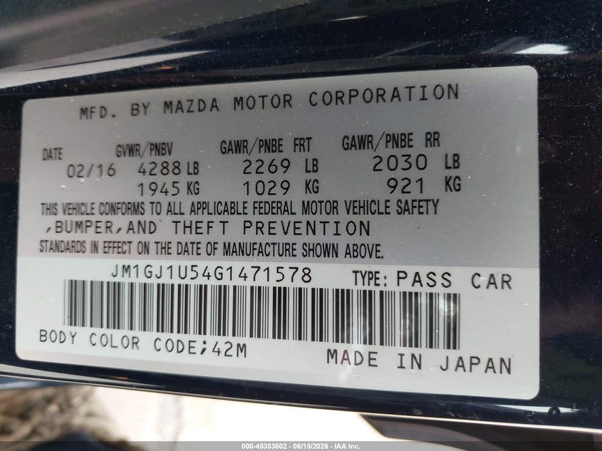 2016 Mazda 6 VIN JM1GJ1U54G1471578 IAAI salvage auction — FRONT & REAR, Original (Texas), sold $3,425 on 2026-08-03 (photo 9)