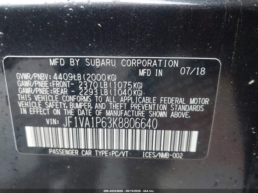 2019 Subaru Wrx VIN JF1VA1P63K8806640 IAAI salvage auction — FRONT & REAR, Original (Texas), sold $2,150 on 2026-07-15 (photo 9)