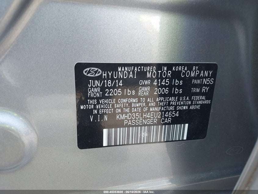 2014 Hyundai Elantra VIN KMHD35LH4EU214654 IAAI salvage auction — LEFT REAR, Salvage (North Carolina), sold $550 on 2026-07-09 (photo 9)