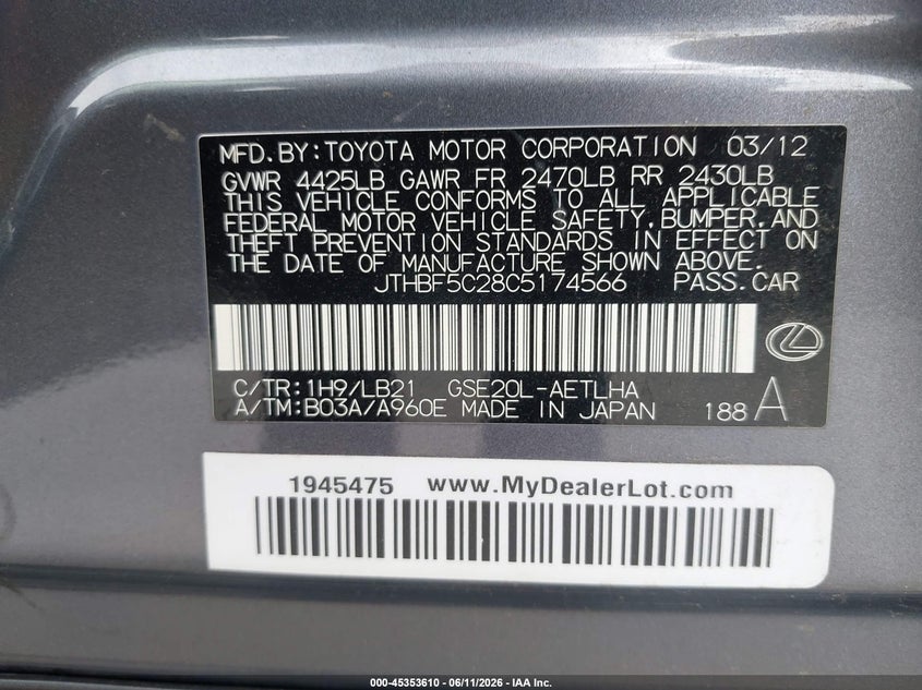 2012 Lexus Is VIN JTHBF5C28C5174566 IAAI salvage auction — HAIL, Original (Texas), sold $1,650 on 2026-07-29 (photo 9)