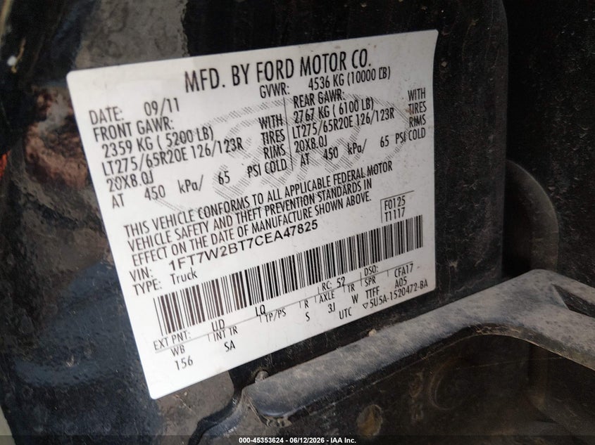 2012 Ford F250 VIN 1FT7W2BT7CEA47825 IAAI salvage auction — REAR END, Original (Texas), sold $6,000 on 2026-07-31 (photo 9)