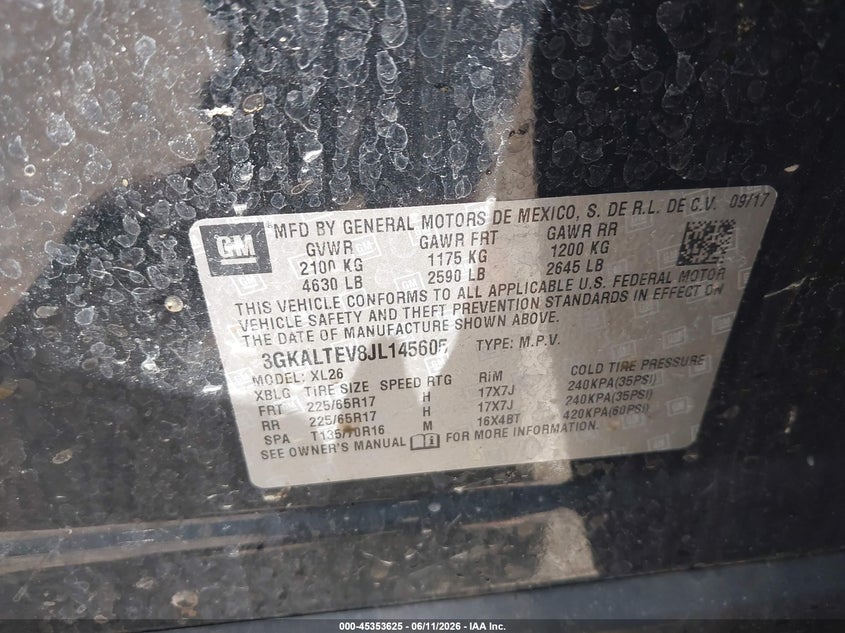 2018 Gmc Terrain VIN 3GKALTEV8JL145605 IAAI salvage auction — FRONT END, Salvage (Ohio), sold $3,550 on 2026-07-31 (photo 9)