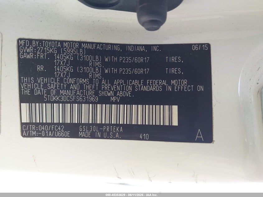 2015 Toyota Sienna VIN 5TDKK3DC5FS631969 IAAI salvage auction — REAR END, Salvage (California), sold $4,000 on 2026-07-15 (photo 9)