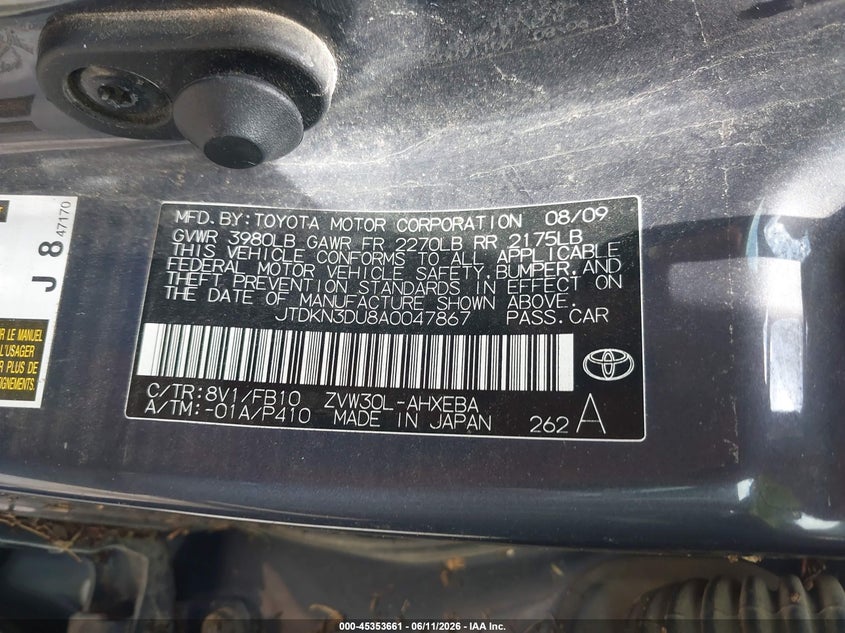 2010 Toyota Prius VIN JTDKN3DU8A0047867 IAAI salvage auction — WATER/FLOOD, Salvage (Kansas), sold $475 on 2026-07-29 (photo 9)