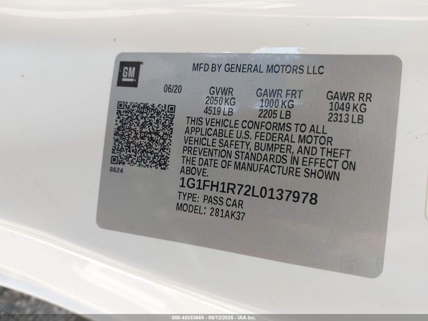 2020 Chevrolet Camaro VIN 1G1FH1R72L0137978 IAAI salvage auction — LEFT SIDE, Salvage Title, sold $12,000 on 2026-07-28 (photo 9)