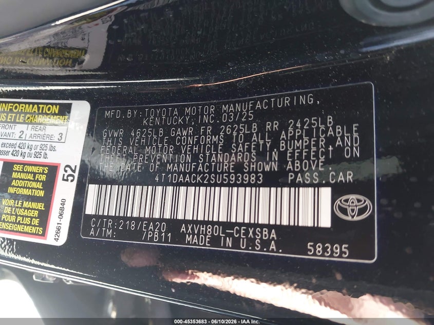 2025 Toyota Camry VIN 4T1DAACK2SU593983 IAAI salvage auction — RIGHT SIDE, Salvage Title, sold $12,700 on 2026-07-30 (photo 9)