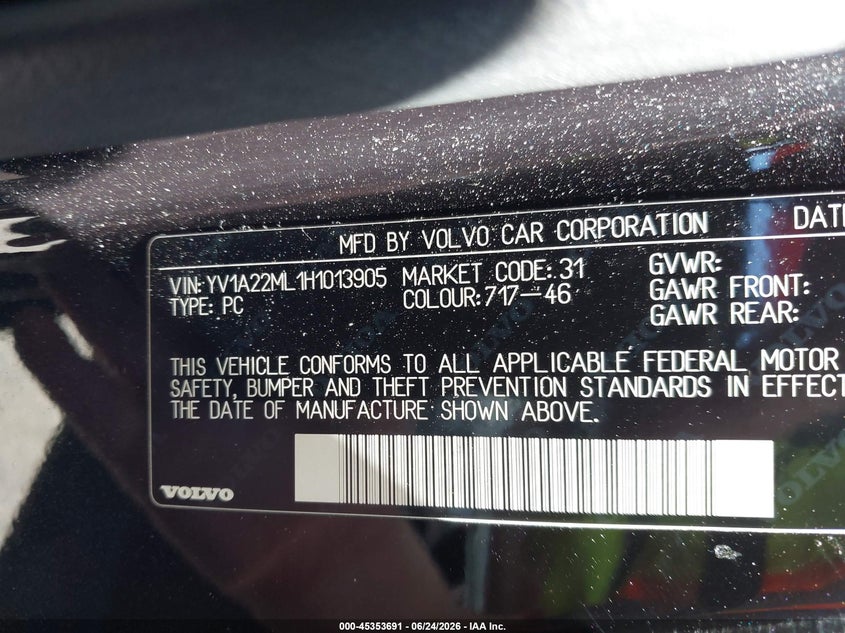 2017 Volvo S90 VIN YV1A22ML1H1013905 IAAI salvage auction — FRONT END, Salvage (Minnesota), sold $6,300 on 2026-08-03 (photo 9)