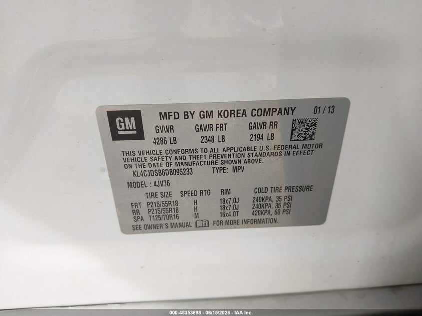2013 Buick Encore VIN KL4CJDSB6DB095233 IAAI salvage auction — LEFT FRONT, Clear (Michigan), sold $625 on 2026-07-27 (photo 9)