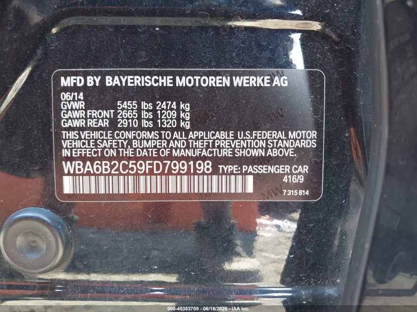 2015 BMW 6er VIN WBA6B2C59FD799198 IAAI salvage auction — FRONT END, Salvage Title, sold $3,250 on 2026-08-20 (photo 9)