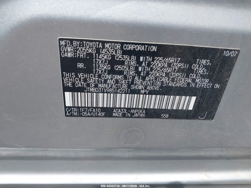2008 Toyota Rav 4 VIN JTMBD31V985142211 IAAI salvage auction — FRONT END, Salvage (Ohio), sold $1,775 on 2026-07-07 (photo 9)