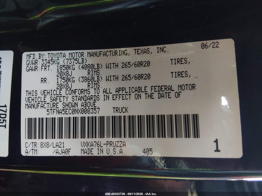 2022 Toyota Tundra VIN 5TFNA5EC0NX008357 IAAI salvage auction — RIGHT REAR, Salvage (Arizona), sold $18,550 on 2026-07-21 (photo 9)