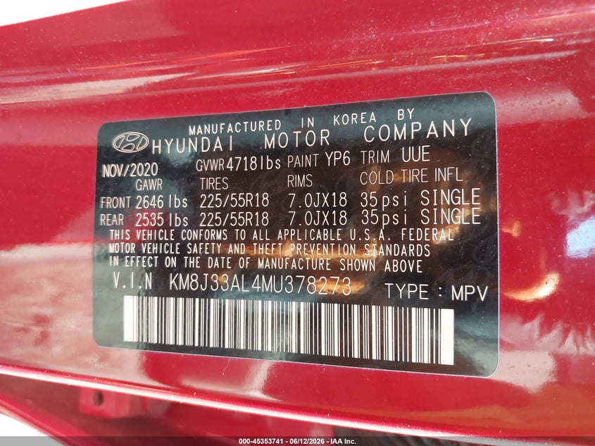 2021 Hyundai Tucson VIN KM8J33AL4MU378273 IAAI salvage auction — FRONT END, Salvage (Delaware), sold $3,500 on 2026-07-15 (photo 9)