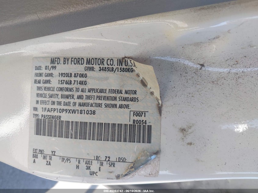1999 Ford Escort VIN 1FAFP10P9XW181038 IAAI salvage auction — NORMAL WEAR, Clear - Dealer Only (California), sold $300 on 2026-07-06 (photo 9)