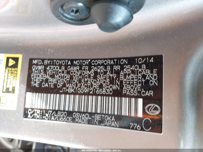 2015 Lexus ES VIN JTHBK1GG9F2165830 IAAI salvage auction — SIDE, Salvage - Greater Than 75% (Maryland), sold $3,650 on 2026-07-11 (photo 9)