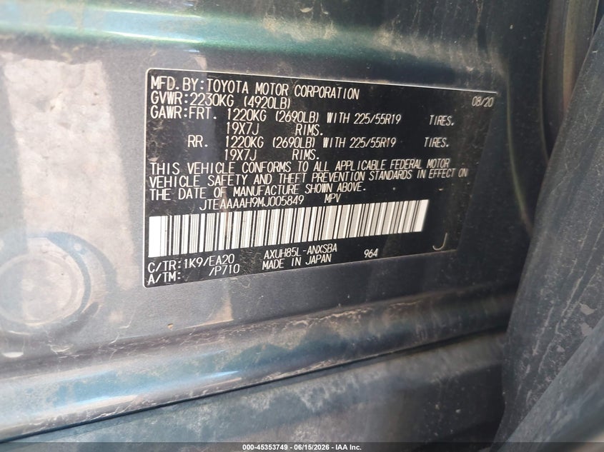2021 Toyota Venza VIN JTEAAAAH9MJ005849 IAAI salvage auction — HAIL, Clear (Missouri), sold $12,300 on 2026-07-30 (photo 9)