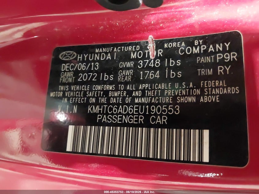 2014 Hyundai Veloster VIN KMHTC6AD6EU190553 IAAI salvage auction — FRONT END, Salvage (Illinois), sold $450 on 2026-07-22 (photo 9)