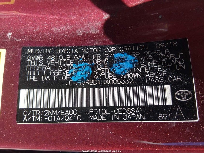2018 Toyota Mirai VIN JTDBVRBD1JA005332 IAAI salvage auction — SIDE, Clear (Arizona), sold $425 on 2026-07-10 (photo 9)