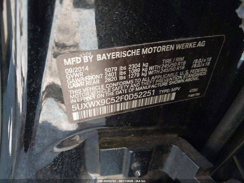 2015 BMW X3 VIN 5UXWX9C52F0D52251 IAAI salvage auction — FRONT & REAR, Salvage (Virginia), sold $1,850 on 2026-07-28 (photo 9)